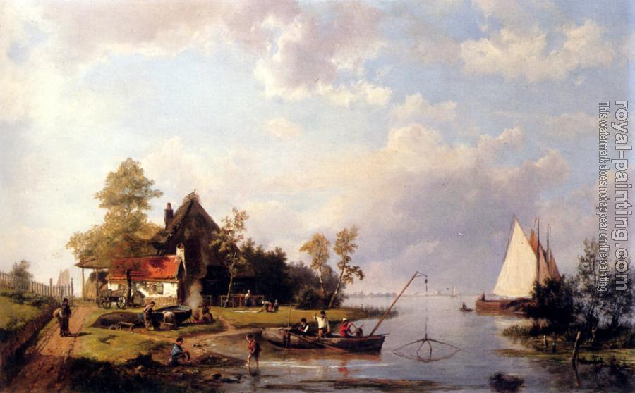 Johannes Hermanus Koekkoek : A River Landscape With A Ferry And Figures Mending A Boat
